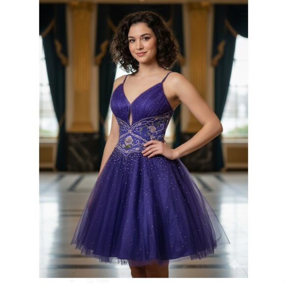 Le Gala by Mon Cheri Cocktail Dress Purple Beaded Sequined Bridesmaid Prom Sz 8 - Picture 1 of 9